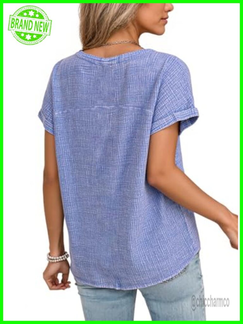 Women's Boho Button Down Blouse Cotton Short Sleeve V-Neck Loose Fit Top - Picture 3 of 6